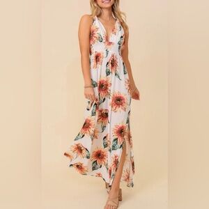 NWT Timing LosAngeles Sunflower Maxi Dress in White and Orange Size SMALL